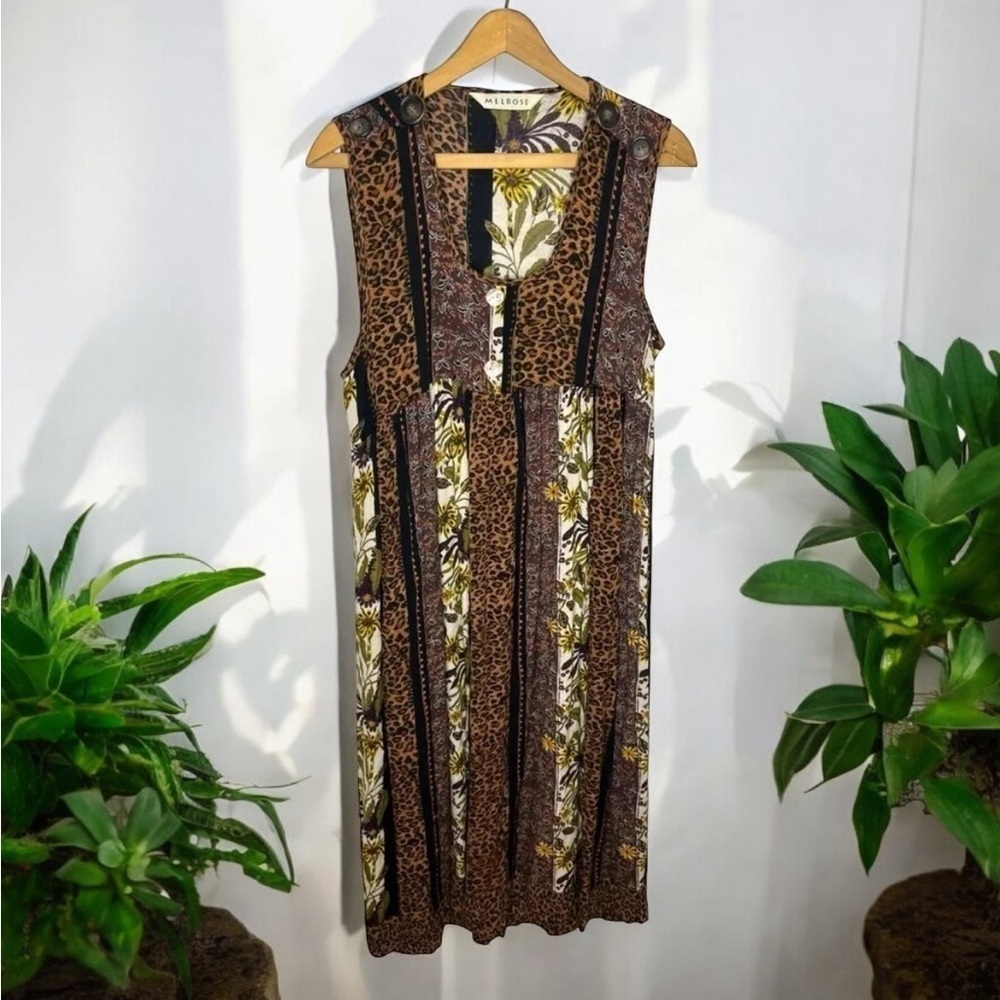 MELROSE Mixed Print Leopard Animal Floral Boho Sleeveless Flowy Popover Dress
